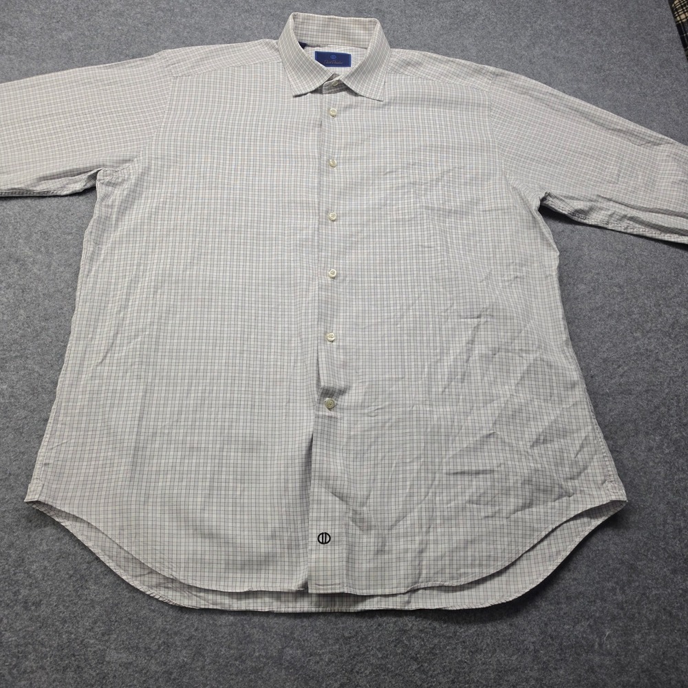 David Donahue Mens 17.5 34/35 Blue White Micro Check Cotton Dress Shirt